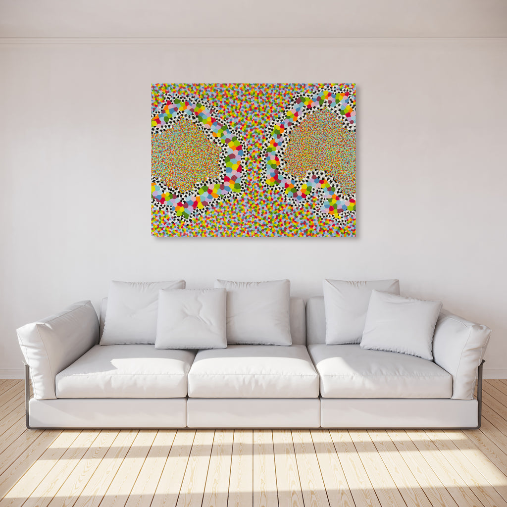 The artwork 'Juggle' by Lori Kirkbride features vibrant pointillistic patterns forming circular motions against a dynamic background. Multicolored dots create swirling pathways in rainbow hues, merging into abstract spherical forms. The acrylic polymer and resin on panel piece showcases a kaleidoscopic effect with intricate dot work and flowing movement at 72x96 inches.