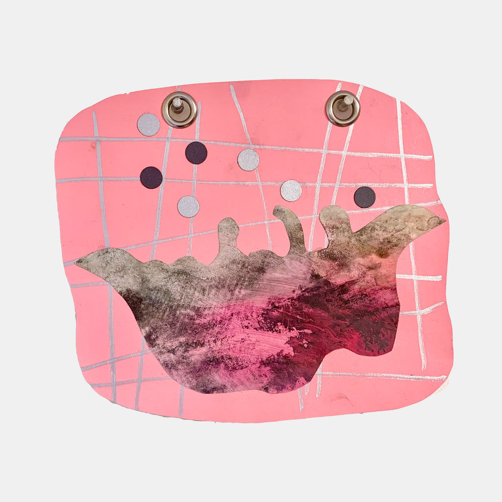 The artwork 'Juggler' by Sunny Chapman features a whimsical collage on pink background with intersecting silver lines creating a grid pattern. A dark abstract form suggests movement, accompanied by metallic circles and brass grommets. Created using monotype prints on cover stock paper, the piece combines textural elements with geometric designs.
