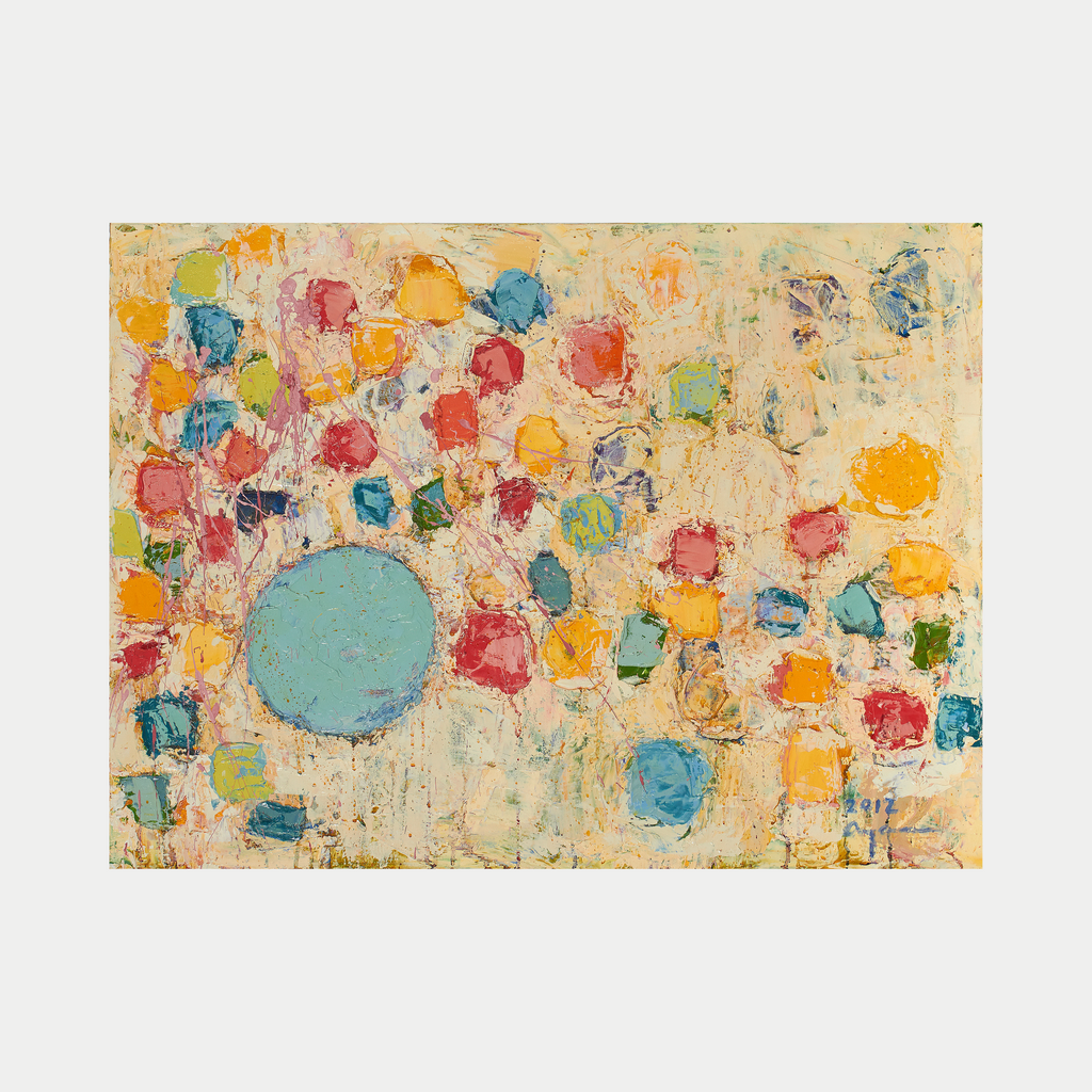The artwork 'Jumping Rolling Baby' features a vibrant abstract composition with scattered multicolored dots and squares dancing around a central turquoise circle on a creamy textured background. Oil painting technique creates rich texture through impasto application, combining warm yellows, reds, and cool blues in a playful, dynamic arrangement. By Ayane Kurai.