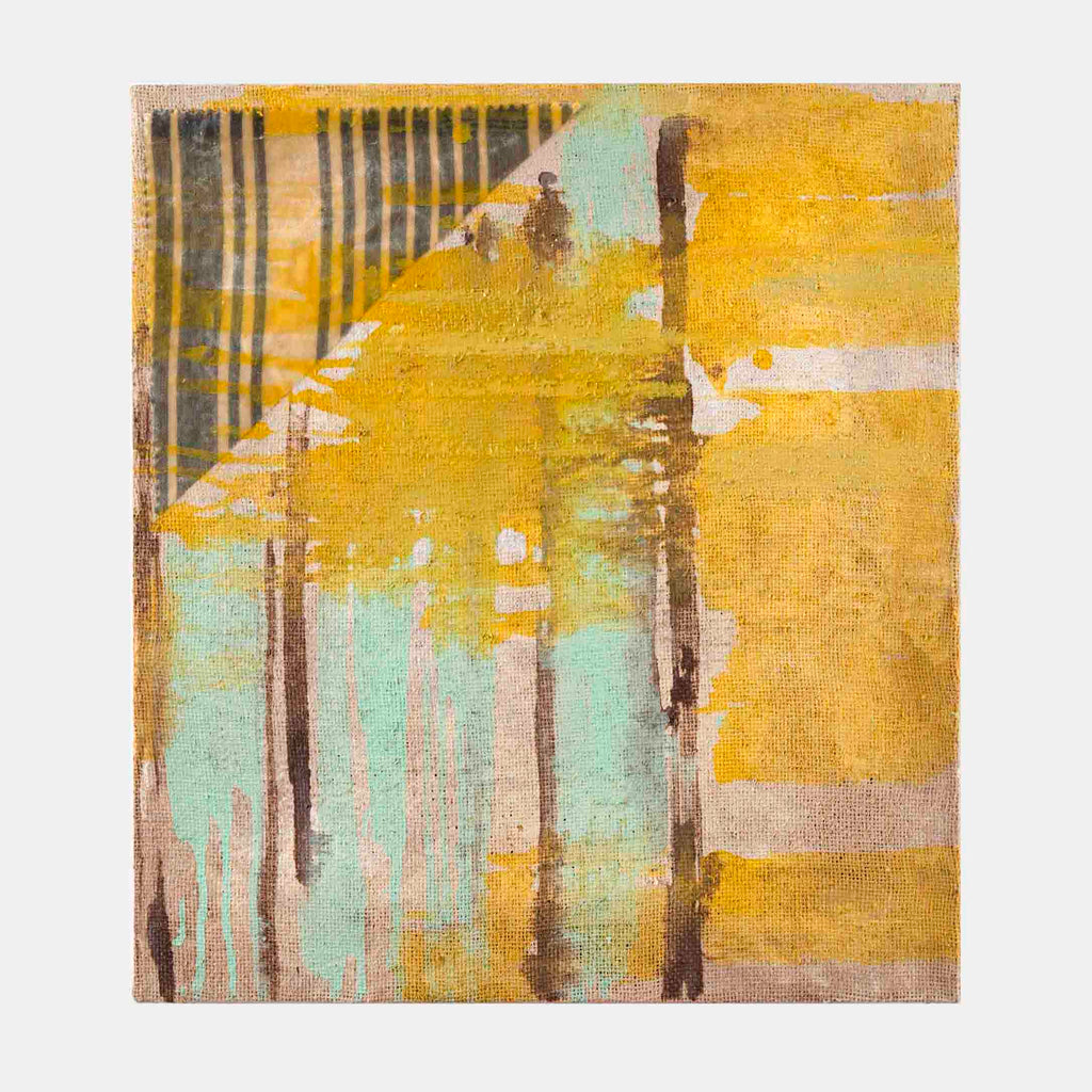 The artwork 'Jute Jazz' by Molly Herman features abstract vertical stripes in contrasting golden yellow and mint green hues on textured burlap. Dark brown brushstrokes create dynamic vertical movement across the composition, while oil paint and oil cloth add layers of texture. The abstract expressionist style piece combines warm and cool tones in a rhythmic pattern. By Molly Herman.