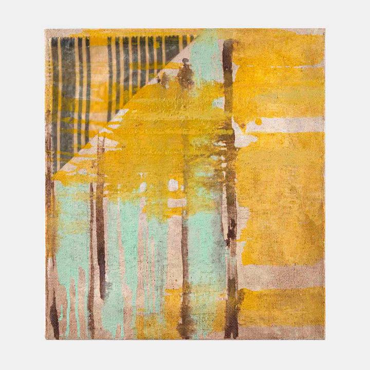The artwork 'Jute Jazz' by Molly Herman features abstract vertical stripes in contrasting golden yellow and mint green hues on textured burlap. Dark brown brushstrokes create dynamic vertical movement across the composition, while oil paint and oil cloth add layers of texture. The abstract expressionist style piece combines warm and cool tones in a rhythmic pattern. By Molly Herman.