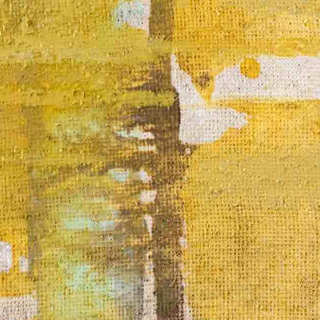 The artwork 'Jute Jazz' by Molly Herman features vibrant yellow and golden tones with subtle turquoise accents on textured burlap canvas. Abstract brushstrokes create dynamic movement across the composition, while oil cloth elements add dimensional texture and depth. The rustic burlap surface interplays with rich oil paint, creating a contemporary abstract expression.