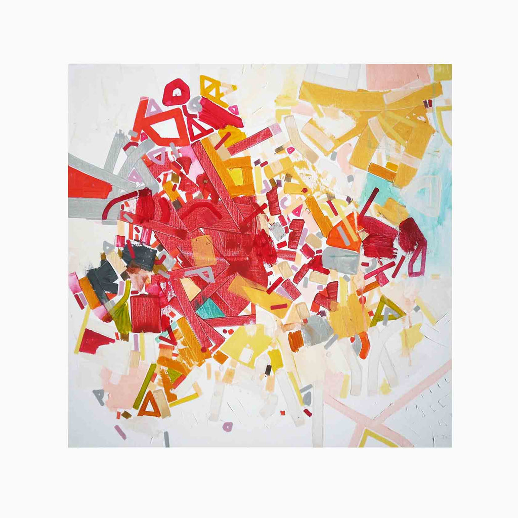 The artwork 'K8 per Heebson' by Philippe Halaburda features an explosive abstract composition with geometric shapes in vibrant red, yellow, and orange tones. Angular fragments and dynamic lines create a burst of energy against a white background, combining acrylic paint with precise felt tip and pencil details on canvas. By Philippe Halaburda.
