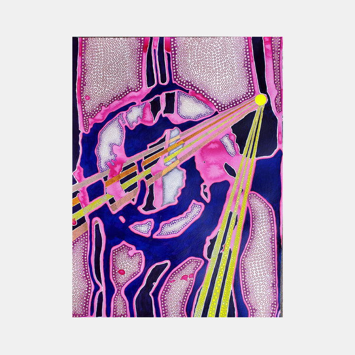 The artwork 'The Spheres Really Have Their Music #36' by Katie Niewodowski features vibrant abstract patterns with flowing pink and navy shapes, dotted textures, and dynamic yellow lines creating a musical movement effect. Executed in acrylic, colored pencil, and ink on paper, the piece combines organic forms with geometric elements in a psychedelic style.