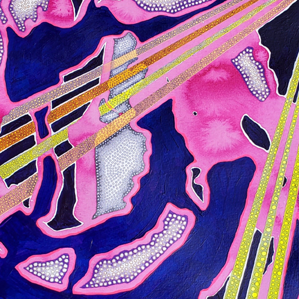 The artwork 'The Spheres Really Have Their Music #36' by Katie Niewodowski features vibrant diagonal lines in yellow and orange cutting across a dynamic composition of deep navy blue and hot pink shapes. Dotted white patterns create textural elements throughout, while the mixed media technique of acrylic, colored pencil, and ink produces striking contrasts and flowing organic forms.