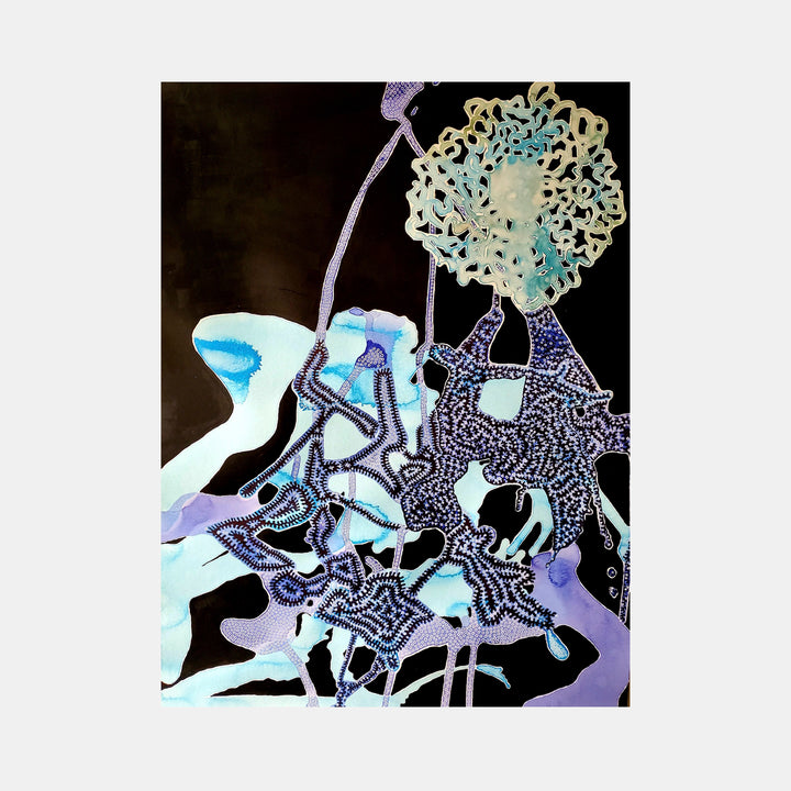 The artwork 'The Spheres Really Have Their Music #37' features intricate abstract patterns in turquoise, purple, and black. Delicate organic shapes flow across the paper, with a prominent circular formation resembling a dandelion. Precise ink details create maze-like textures contrasting with fluid acrylic elements. Acrylic and ink on paper, 24x18 inches. By Curina.