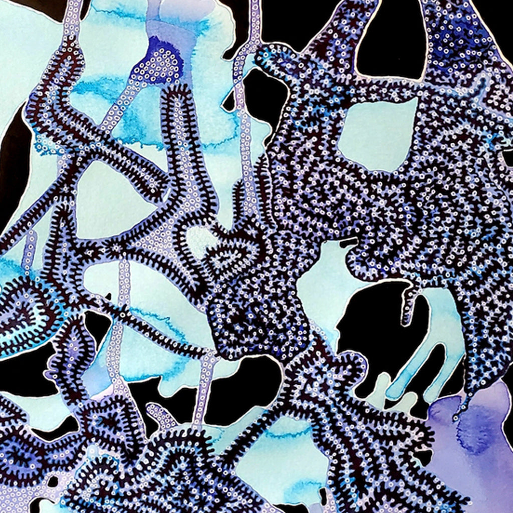 The artwork 'The Spheres Really Have Their Music #37' features intricate abstract patterns in deep purple and black against a luminous turquoise background. Detailed geometric designs resemble organic forms, with dotted lines and spiral motifs flowing across the composition in acrylic and ink. The ethereal watercolor effects blend with precise linear elements, creating a dynamic visual rhythm - by Curina