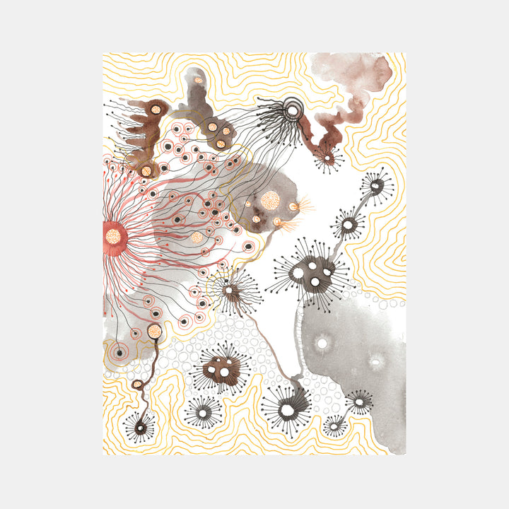 The artwork 'The Spheres Really Have Their Music #26' by Katie Niewodowski features abstract organic shapes in ink and watercolor, with radiating patterns resembling microscopic organisms. Yellow wavelike lines flow through the composition, while brown and gray spherical forms with delicate tendrils create a dreamlike underwater atmosphere. The piece combines fluid textures with precise linear details.