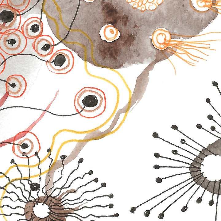 The artwork 'The Spheres Really Have Their Music #26' features abstract circular patterns combining coral-pink spheres with black centers, flowing yellow lines, and radiating brown starburst forms. Watercolor washes in grey create depth while delicate ink details add texture and movement across the white paper. By Katie Niewodowski