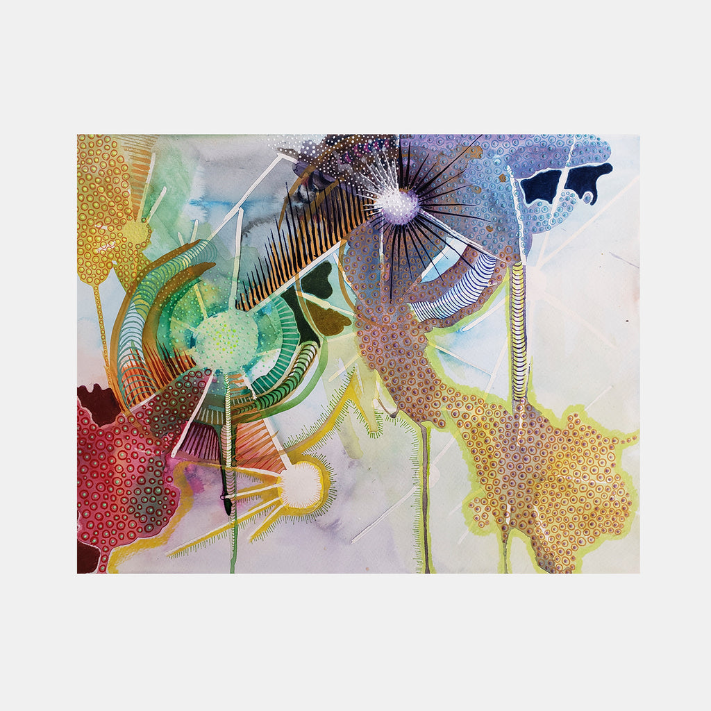 The artwork 'The Spheres Really Have Their Music #30' by Katie Niewodowski features abstract circular forms with intricate dotted patterns in vibrant red, green, and yellow. Radiating lines and geometric elements create dynamic movement, while watercolor, acrylic, and colored pencil blend to form ethereal spherical shapes against a soft white background.
