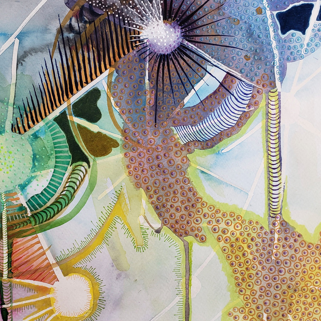 The artwork 'The Spheres Really Have Their Music #30' by Katie Niewodowski features abstract geometric patterns with radiating circles and spiky lines in vibrant watercolors. Circular forms burst with detailed dot patterns in coral, yellow, and blue hues, while linear elements in brown and green create dynamic movement across the composition. Mixed media techniques blend watercolor, acrylic, and colored pencil textures.