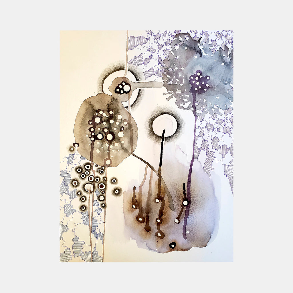 The artwork 'The Spheres Really Have Their Music #31' by Katie Niewodowski features abstract organic shapes in muted browns and grays, with delicate white circular elements floating like dandelion seeds. Watercolor washes create ethereal backgrounds, while precise ink dots and graphite lines form whimsical stemmed spheres, creating a dreamlike botanical composition.