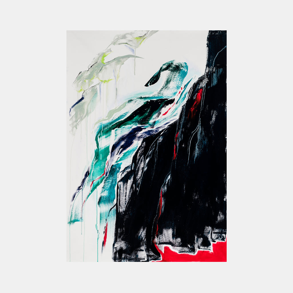 The artwork 'Kaaterskill Falls' by W Lu features dynamic brushstrokes depicting a dramatic waterfall rendered in turquoise, black, and white acrylic on canvas. Bold vertical strokes suggest cascading water against dark rocky cliffs, with subtle green accents and striking red elements at the base. The abstract expressionist style captures the raw power and movement of falling water - by W Lu