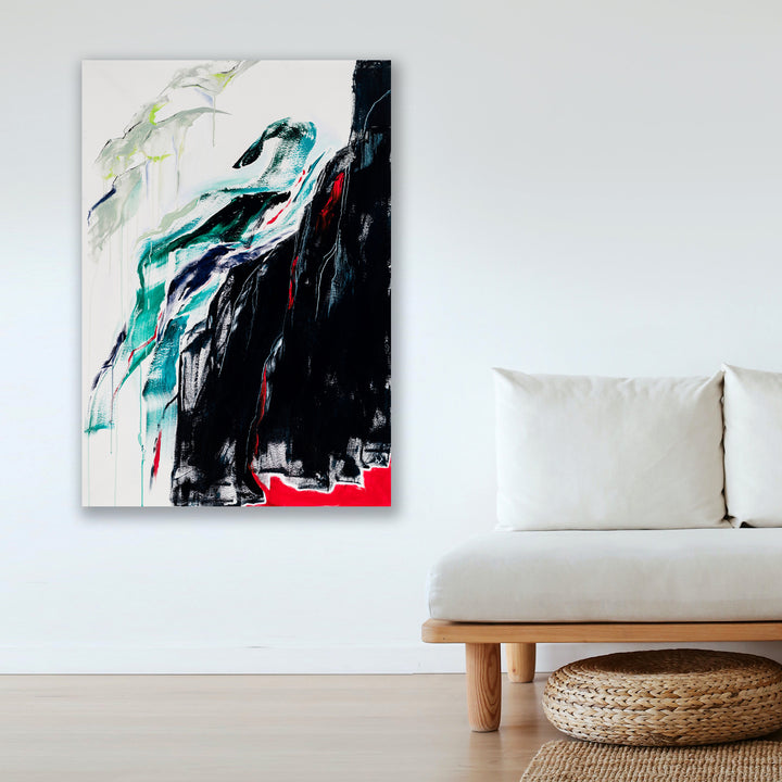 The artwork 'Kaaterskill Falls' by W Lu features dynamic abstract expressionism depicting a dramatic waterfall rendered in bold strokes of turquoise, black, and white acrylic paint. Sharp contrasts and fluid brushwork create a sense of cascading movement, with stark black cliffs and subtle red accents against a white canvas background. 50x35 inches acrylic on canvas by W Lu.