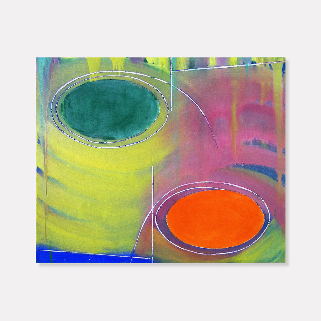 The artwork 'Karma Green Orange' by Suejin Jo features two bold oval shapes - one deep emerald green and one vibrant orange - set against a dynamic background of yellow and pink brushstrokes. Abstract geometric composition in oil and acrylic on canvas showcases fluid color transitions and precise linear elements in contemporary style by Suejin Jo.