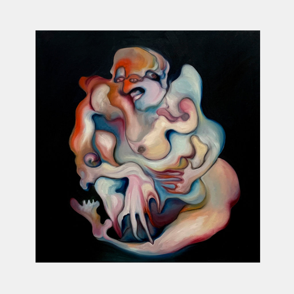 The artwork 'Kathy' by Yana Ushakova features flowing abstract forms in soft pastel hues of pink, blue, and peach against a deep black background. Organic, fluid shapes intertwine creating a dreamlike composition, with smooth curves and undulating lines reminiscent of smoke or liquid in motion. Oil on canvas, 36x36 inches.