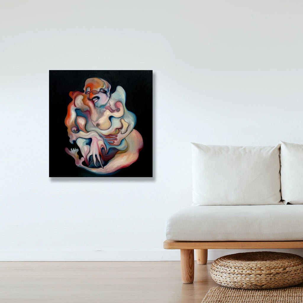 The artwork 'Kathy' by Yana Ushakova features abstract fluid forms in soft peach, blue, and cream tones swirling against a dark background. The oil painting showcases organic, cloud-like shapes that intertwine in a dreamlike composition, creating a dynamic movement across the 36x36 inch canvas. The ethereal forms appear to dance and float, demonstrating masterful blending techniques.