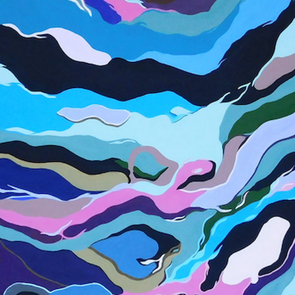 The artwork 'Kepler' by Ellannah Sadkin features a circular composition with fluid, wave-like layers in vibrant blues, pinks, and purples. Abstract swirling patterns create a cosmic atmosphere, reminiscent of planetary surfaces or aerial views of ocean currents. The 36-inch acrylic painting on canvas combines deep navy, turquoise, and lilac hues with olive accents, flowing in concentric organic formations.