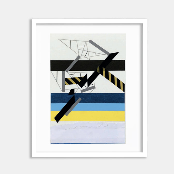 The artwork 'Kiinshipp ceremony 1' by Philippe Halaburda features geometric abstract shapes in black, white, and yellow, with horizontal stripes in blue and yellow. Angular lines and triangular forms create a dynamic composition, enhanced by black and yellow hazard-style stripes. The mixed media collage combines paper and color tape in a minimalist style. By Philippe Halaburda