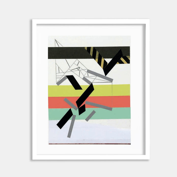 The artwork 'Kiinshipp ceremony 2' by Philippe Halaburda features geometric abstract compositions with bold black angular shapes intersecting horizontal color blocks in lime green, coral red, and mint. The collage incorporates color tape and paper elements, creating a dynamic interplay of linear forms against a white background, framed in white.