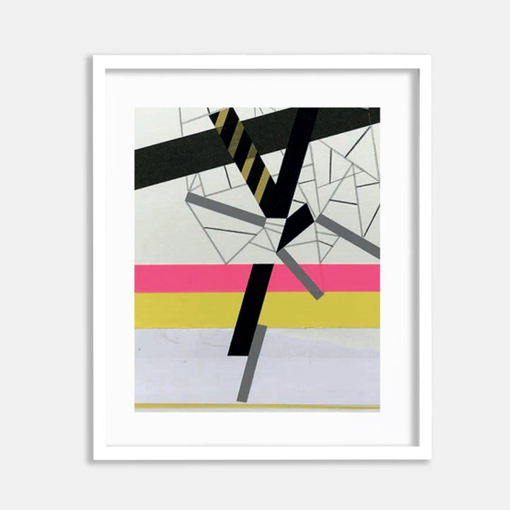 The artwork 'Kiinshipp ceremony 4' by Philippe Halaburda features geometric abstract composition with bold black diagonal lines intersecting pink and yellow horizontal stripes on a white background. Angular shapes and triangular patterns create dynamic movement, complemented by grey accents and precise tape collage technique.