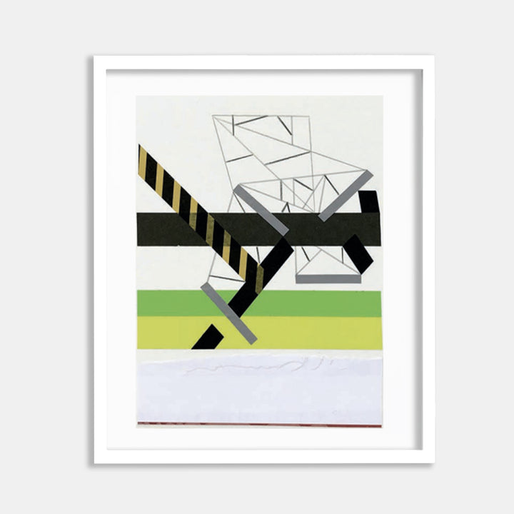 The artwork 'Kiinshipp ceremony 5' by Philippe Halaburda features abstract geometric shapes in black and white, intersected by bold striped patterns. A minimalist composition combining angular forms with horizontal bands in green and white. Collage technique with color tape creates stark contrast and dynamic spatial relationships on paper.