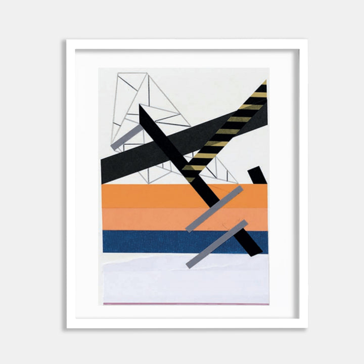 The artwork 'Kiinshipp ceremony 6' by Philippe Halaburda features geometric abstract composition with bold black diagonal lines intersecting orange and navy blue horizontal bands. Angular shapes and geometric patterns include striped elements and translucent overlays. Mixed media collage combines color tape and paper creating dynamic spatial relationships in minimalist style.