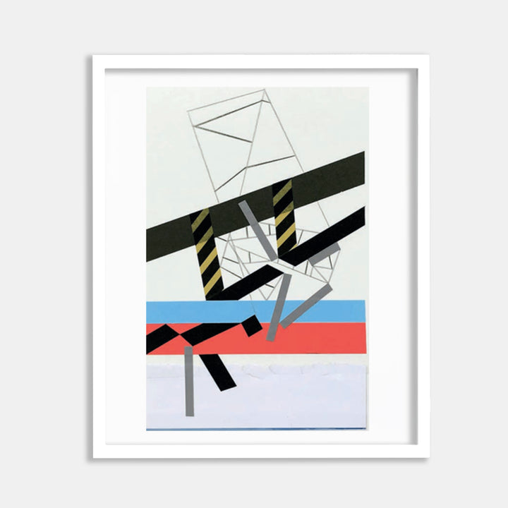 The artwork 'Kiinshipp ceremony 8' by Philippe Halaburda features geometric abstract composition with angular shapes and bold stripes. Black diagonal bands intersect with blue and coral horizontal stripes, while delicate gray lines create structural elements. White geometric forms float against a pale background, complemented by hazard-striped accents.