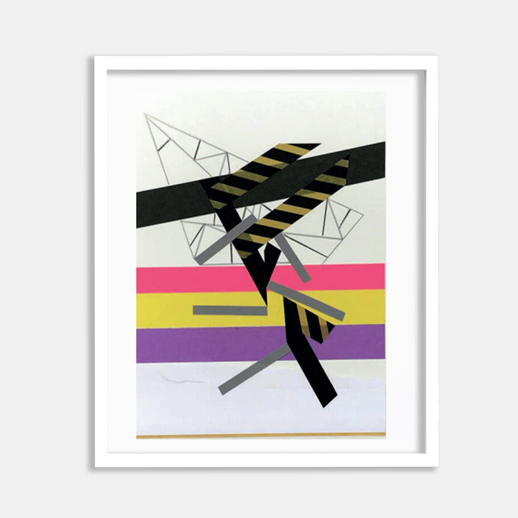 The artwork 'Kiinshipp ceremony 9' by Philippe Halaburda features geometric abstract composition with angular black stripes adorned with yellow hazard-style markings, intersecting with pink, yellow, and purple horizontal bands. Delicate pencil triangular patterns float above, creating dynamic tension. Mixed media collage combines color tape and paper in minimalist style.
