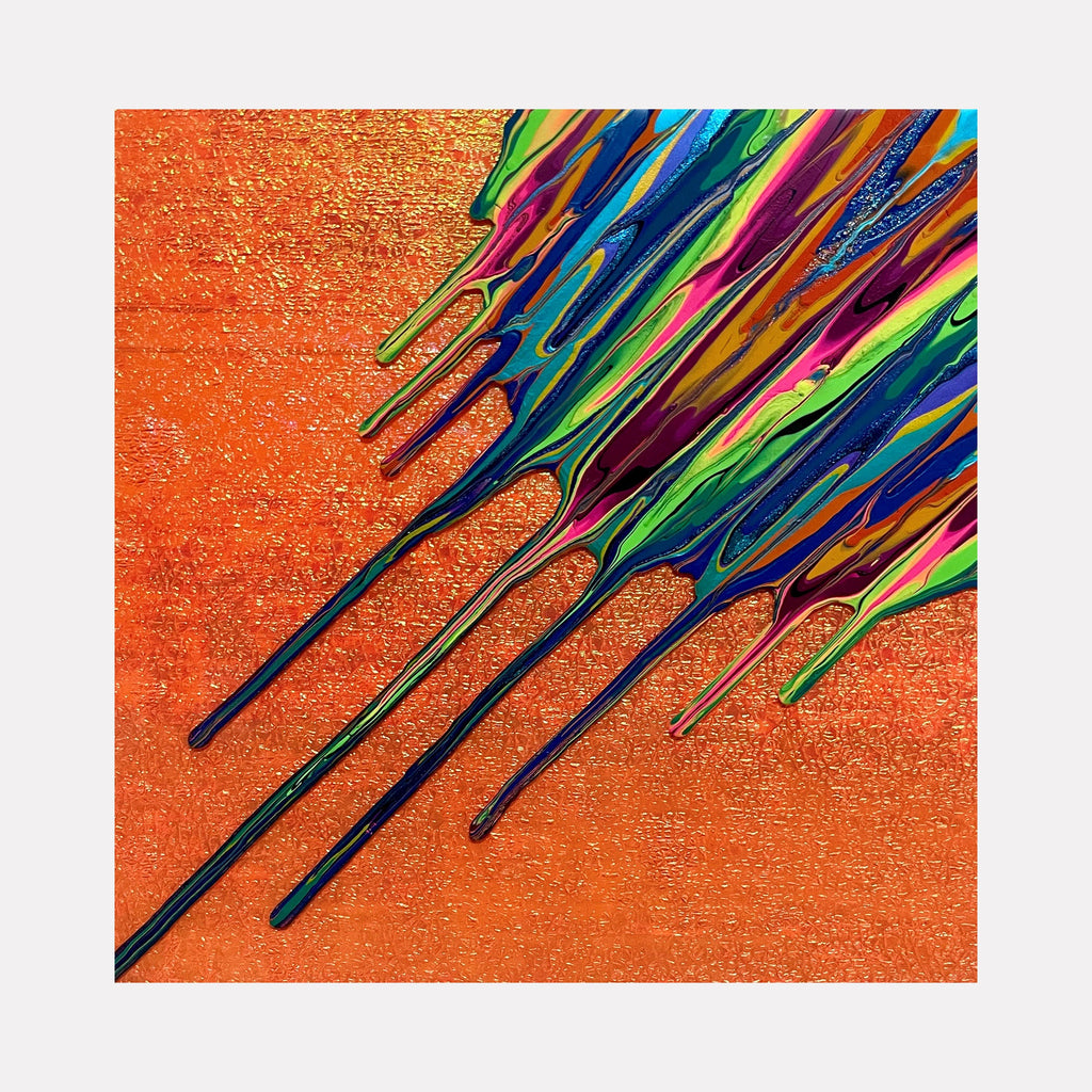 The artwork 'Kinetic e- [He]' by Paola Gracey features dynamic streaks of vibrant paint flowing diagonally across a textured orange background. Multiple fluid lines in deep blue, emerald green, magenta, and yellow create a sense of movement and energy, resembling experimental paint techniques on a 12x12 inch mixed media canvas.