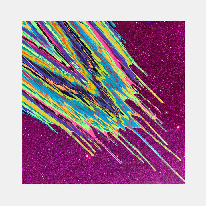 The artwork 'Kinetic e-LV' by Paola Gracey features dynamic diagonal streaks of neon yellow, electric blue, and lime green against a rich magenta glitter background. The abstract composition creates a sense of movement with fluid paint strokes enhanced by glossy epoxy resin, resembling cosmic meteor trails or dynamic energy streams across a sparkling galaxy.