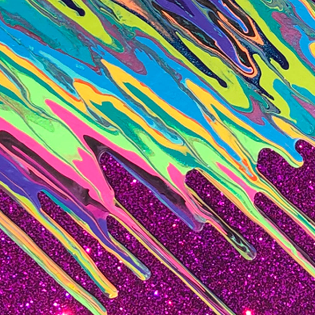 The artwork 'Kinetic e-LV' by Paola Gracey features vibrant fluid patterns with dynamic diagonal streaks in neon green, electric blue, and hot pink, flowing over a sparkling purple glitter base. The abstract composition showcases a marbled effect created with acrylic and epoxy resin, displaying a mesmerizing interplay of colors and textures.