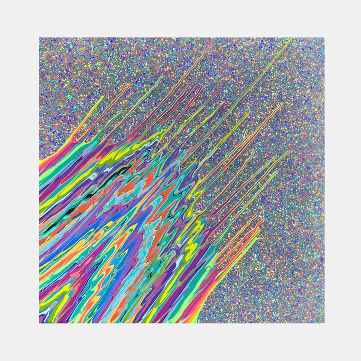 The artwork 'Kinetic e-LVI' by Paola Gracey features dynamic diagonal streaks of vibrant neon colors, including electric blue, hot pink, and fluorescent yellow, set against a shimmering glitter background. The fluid, motion-like strokes create a striking abstract pattern resembling light trails or energy in motion, enhanced by acrylic and epoxy resin textures.