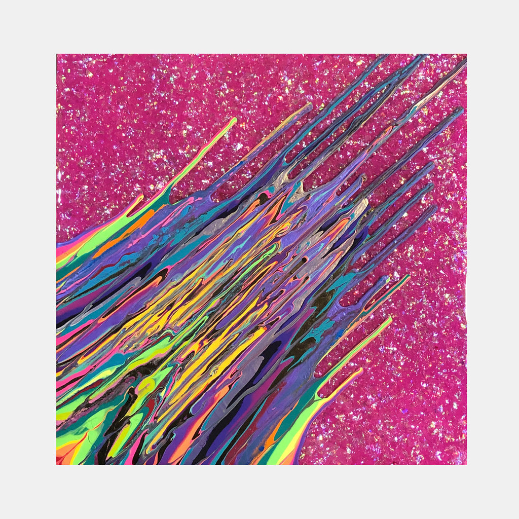 Kinetic e-Mini Collection XXXVI by Paola Gracey features dynamic streaks of vibrant purple, turquoise, and neon yellow paint flowing diagonally across a glittering hot pink background. The acrylic and resin artwork creates a sense of rapid movement with its fluid, multi-colored striations resembling cosmic rays or abstract meteor showers against a sparkling universe.