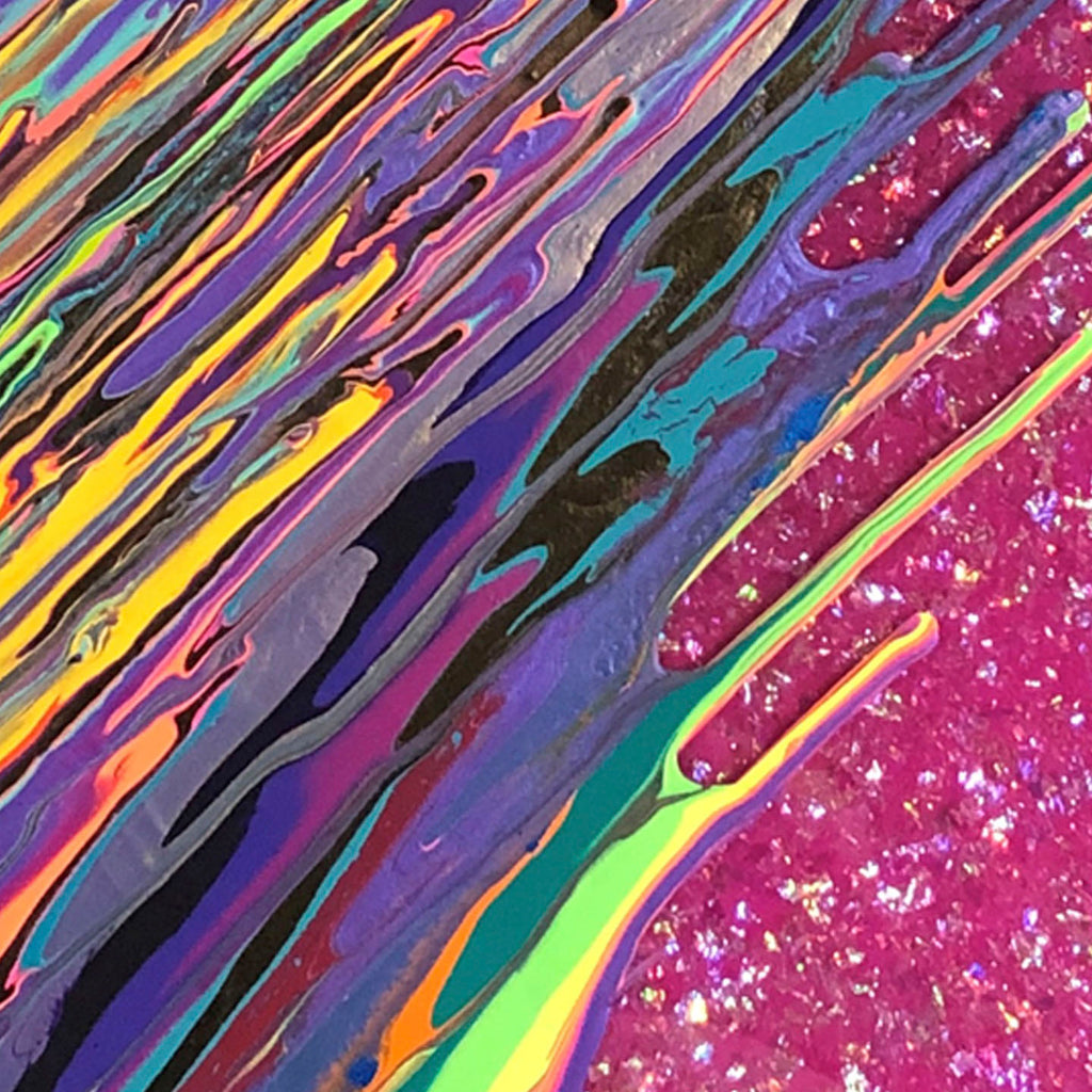 Kinetic e-Mini Collection XXXVI by Paola Gracey features dynamic diagonal streaks of vibrant colors including neon yellow, purple, teal, and hot pink. The abstract composition showcases fluid paint techniques with glitter-infused magenta sections and glossy epoxy resin creating depth and movement across the 16x16 inch panel. The paint strokes appear to flow like liquid ribbons, creating a striking modern aesthetic.