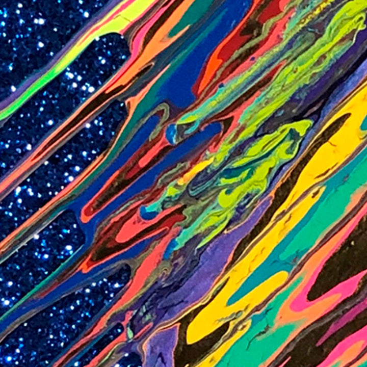 The artwork 'Kinetic e-Mini Collection XXXVII' by Paola Gracey features dynamic diagonal streaks of vibrant colors flowing across a starry deep blue background. The piece showcases swirling patterns in neon yellow, electric green, coral pink, and turquoise, created with acrylic paint, sparkling glitter, and glossy epoxy resin. The abstract composition suggests cosmic movement and energy.