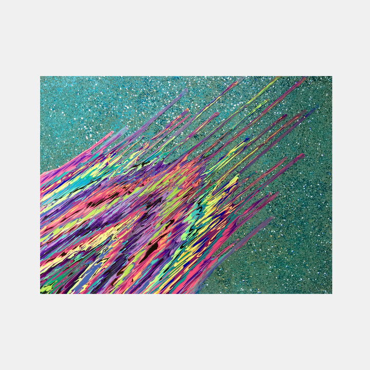 Kinetic e-XXXX by Paola Gracey features dynamic diagonal streaks of vibrant neon colors - pink, yellow, purple, and blue - bursting across a glittering turquoise background. The painting combines acrylic and epoxy resin, creating a striking abstract pattern resembling cosmic energy or light trails against a sparkling emerald universe. The textured surface captures movement and luminosity.