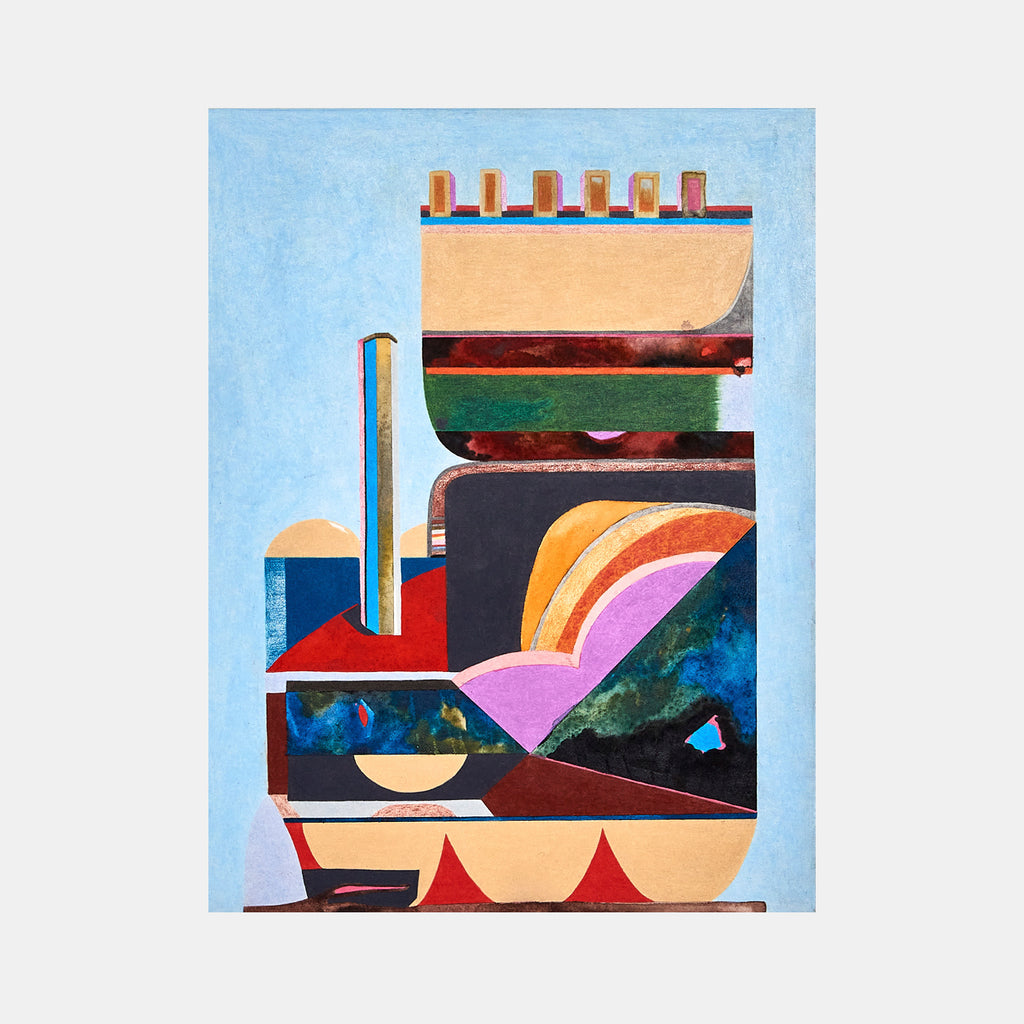 The artwork 'King' by Sasha Hallock features geometric abstract shapes arranged in a vertical composition against a light blue background. Bold blocks of beige, red, green, and purple create an architectural form, with a distinctive rainbow curve element. Mixed media on paper mounted on wood showcases layered textures and sharp contrasts between warm and cool tones. - Sasha Hallock