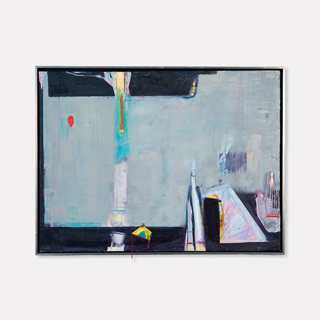The artwork 'Kintsuji' by Gail Winbury features an abstract composition with muted pale blue backgrounds and bold black geometric forms. A small red dot and yellow house-like shape provide striking accents. Turquoise brushstrokes, angular shapes, and textural elements created with pottery shards and silk thread add depth and dimension to this mixed media piece.