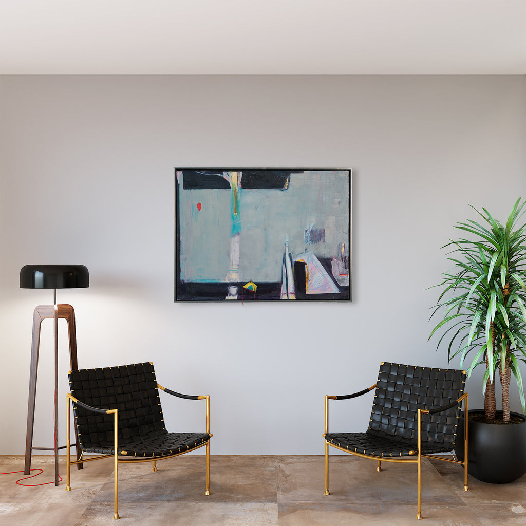 The artwork 'Kintsuji' by Gail Winbury features an abstract composition with muted grey and pale blue tones, accented by pops of turquoise and red. The mixed-media piece incorporates pottery shards, silk thread, and graphite on oil, creating a textured surface with geometric elements against a minimalist background in a contemporary black frame.