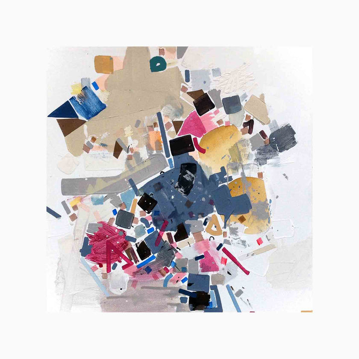 The artwork 'Kipps Bayy' by Philippe Halaburda features an abstract composition with dynamic geometric shapes in navy blue, pink, and ochre scattered across a light background. Bold brushstrokes and angular forms create an explosive pattern, complemented by delicate linear details in felt tip and pencil, creating depth and movement on stretched canvas.