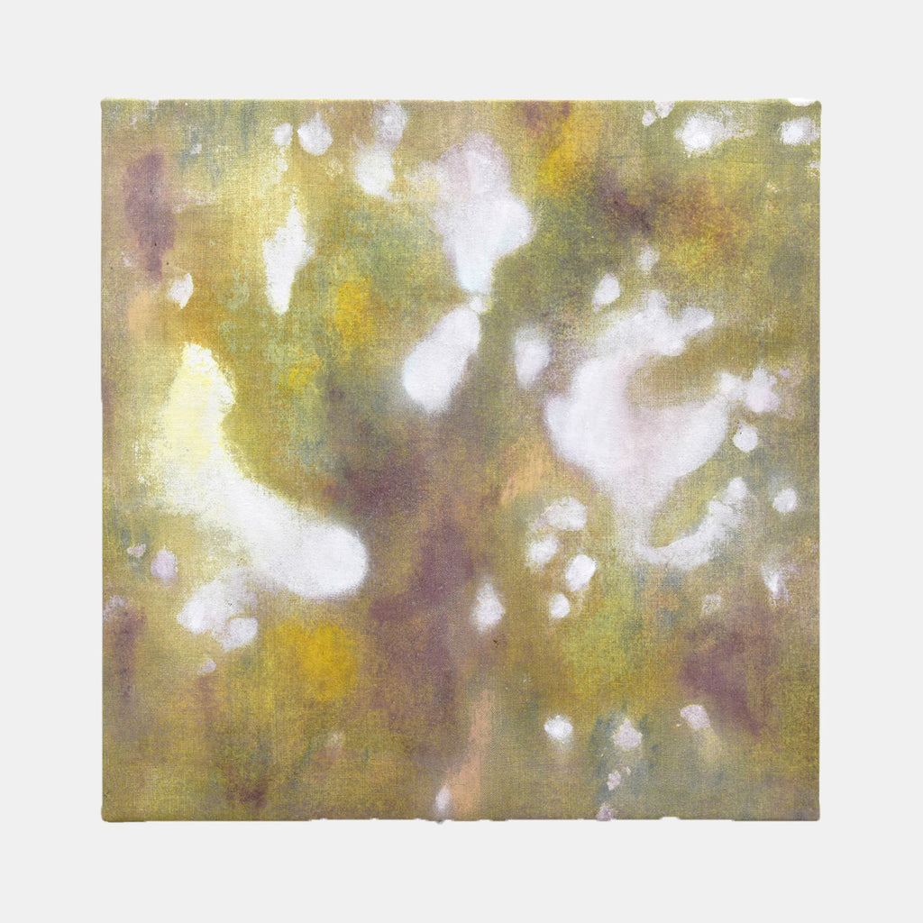 The artwork 'Komorebi' by Takashi Harada features ethereal dappled light effects, reminiscent of sunlight filtering through tree leaves. Abstract white spots dance across a dreamy backdrop of olive green, soft yellow, and misty purple hues, created with acrylic and cray pastel on cotton canvas. The composition evokes a serene forest atmosphere with its organic, floating patterns.