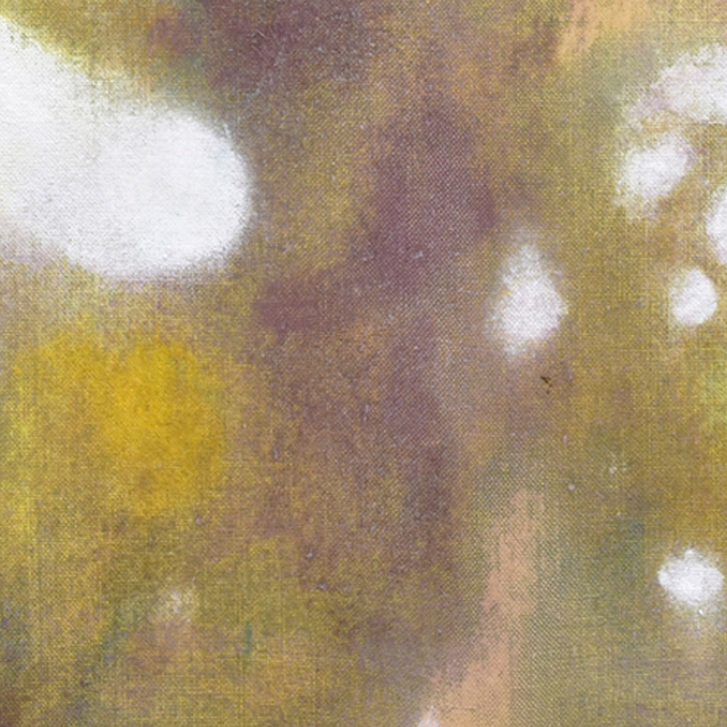 The artwork 'Komorebi' by Takashi Harada features ethereal abstract composition with soft yellow and mauve tones blending into dreamy white spots, reminiscent of sunlight filtering through trees. Created with acrylic and cray pastel on cotton, the piece captures a delicate, atmospheric quality with its misty, impressionistic style. By Takashi Harada.