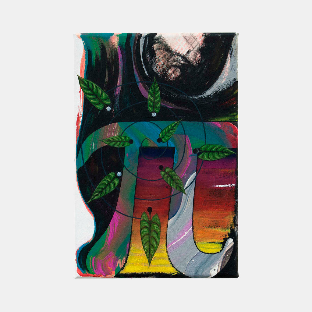 The artwork 'Konstanten' by Christian Perdix features abstract organic shapes in vibrant colors, with green leaf motifs floating against a dynamic background blending turquoise, pink, and sunset orange. Bold curved forms create a fluid composition on cotton canvas, combining oil and acrylic techniques in an expressive contemporary style, measuring 11.8 x 7.8 inches.