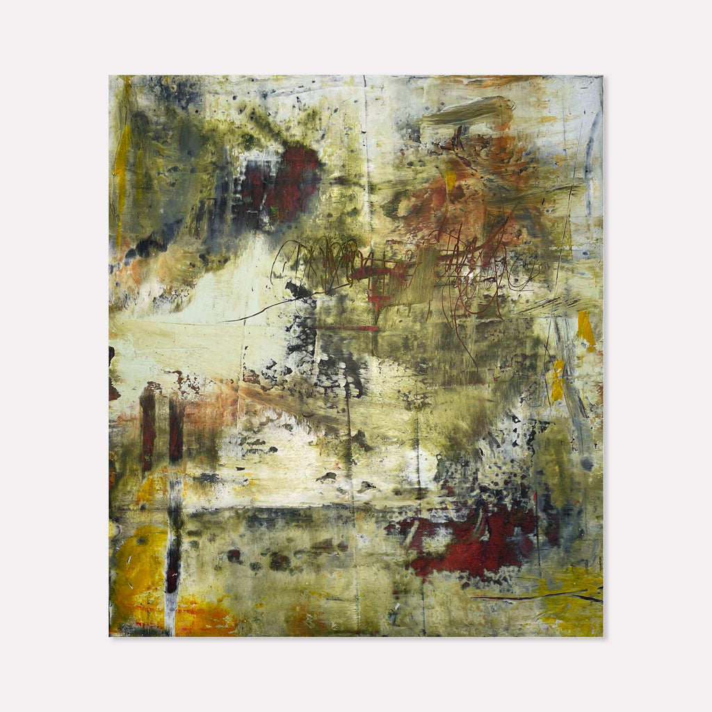 The artwork 'LEXINGTON AV' by Barbara Groh features abstract expressionist strokes in earthy tones, combining deep burgundy, olive green, and golden yellow hues. The mixed media composition showcases dynamic brushwork and textural elements created with oil and cold wax on clay paper, creating a weathered, atmospheric effect that evokes urban decay and natural landscapes.