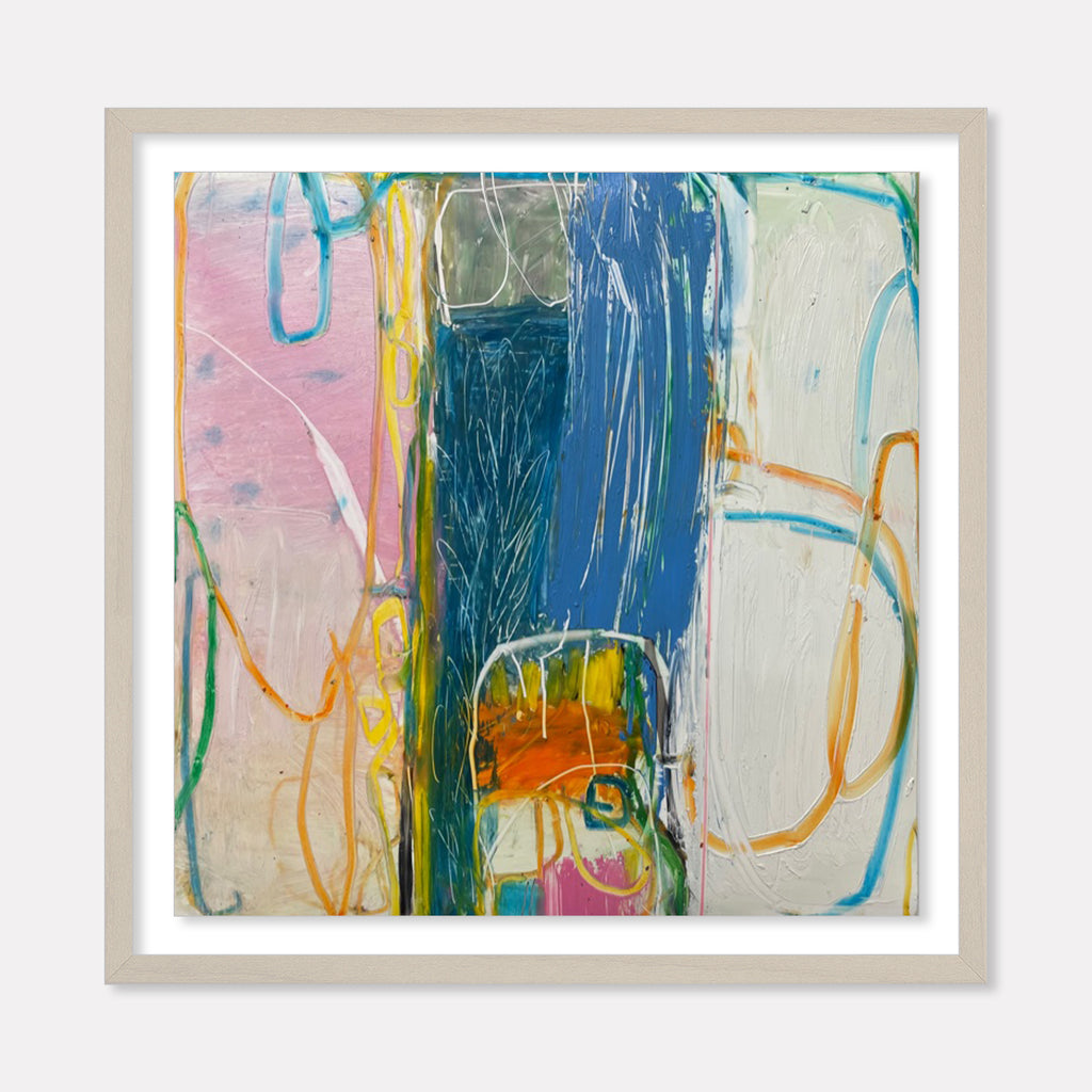 The artwork 'LS no. 14' by Janice La Motta features bold abstract expressionist strokes with vibrant blues, pinks, and yellows on Yupo paper. Sweeping vertical lines in deep navy blue contrast with soft pastel backgrounds, while fluid curved lines in turquoise and orange create dynamic movement across the 9x9 inch composition. Oil pastel technique creates rich textural elements and spontaneous gestural marks.