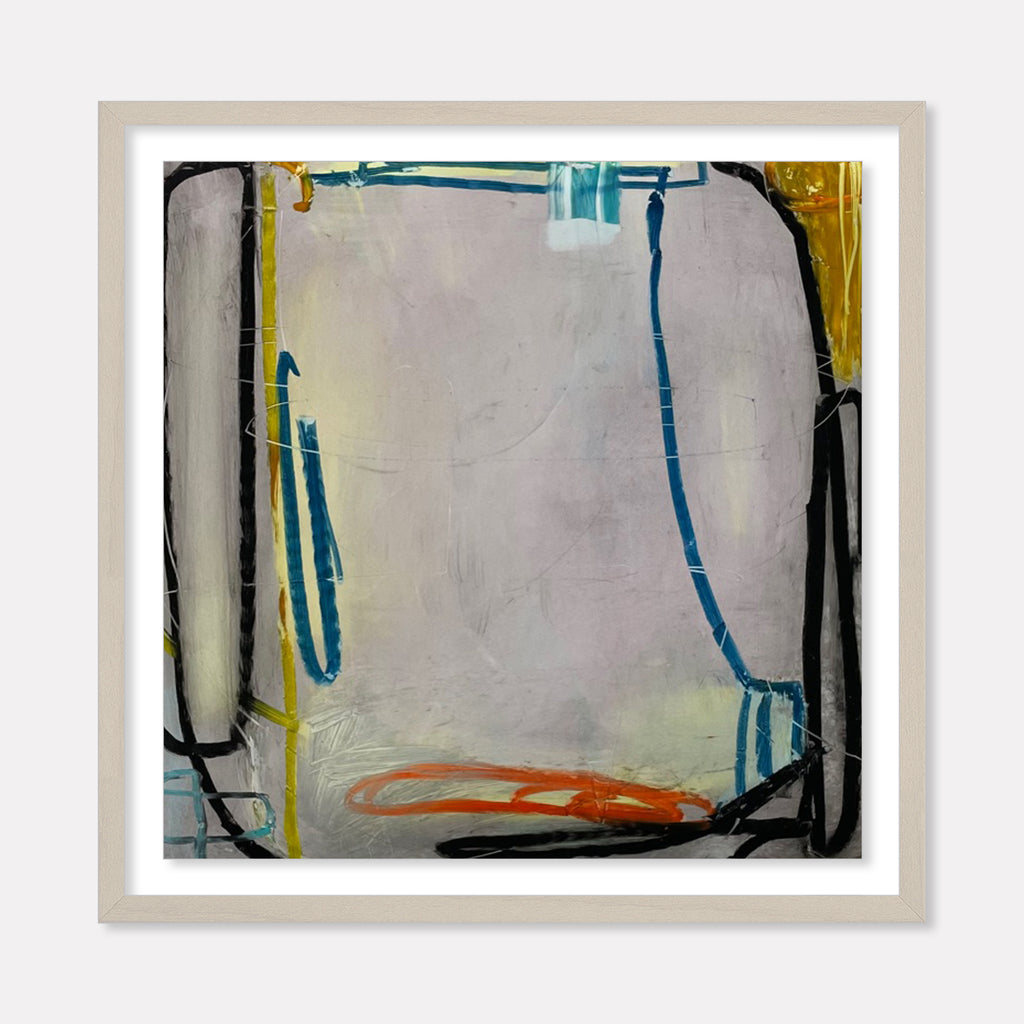 The artwork 'LS no. 17' by Janice La Motta features abstract linear compositions with bold black strokes framing the edges, complemented by vibrant blue, yellow, and orange accents against a soft grey background. Oil pastel on Yupo paper creates textural depth and gestural movement in this 9x9 inch contemporary abstract piece.