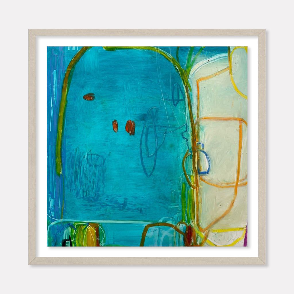 Artwork 'LS no. 20' by Janice La Motta features vibrant abstract composition with bold turquoise background divided by flowing green curved lines and soft cream sections. Red-brown accents float in the azure space, while gestural brushstrokes create dynamic movement. Oil pastel on Yupo paper showcases expressionistic style in 9x9 inch format. By Janice La Motta.