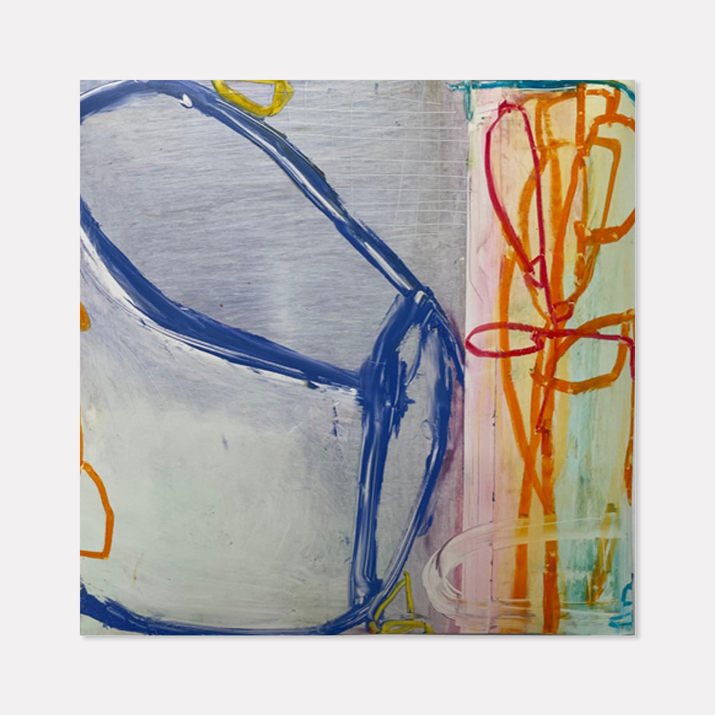 The artwork 'LS no. 4' by Janice La Motta features abstract linear compositions in bold blue, orange, and yellow strokes against a soft gray background. A dominant curved blue form occupies the left side, while gestural orange lines create vertical structures on the right. Oil pastel on Yupo paper creates unique textures and translucent effects in this 9x9 inch contemporary abstract piece.