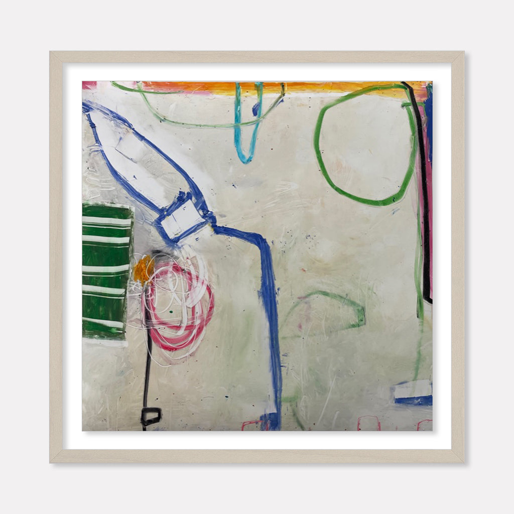 The artwork 'LS no. 5' by Janice La Motta features abstract gestural lines and shapes in vibrant colors against a light gray background. Bold blue angular strokes intersect with green circular forms, while pink spiral marks and parallel green bars create dynamic movement. Oil pastel on Yupo paper gives the piece a unique textural quality. By Janice La Motta.